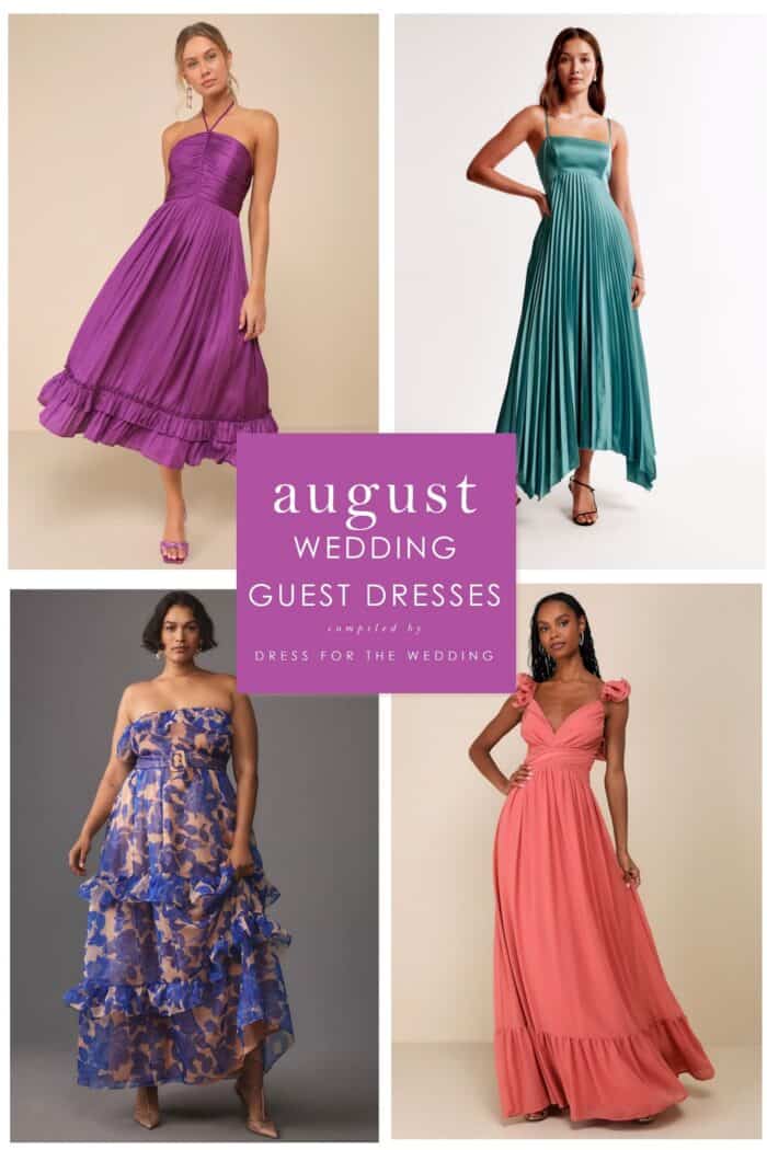 collage of 4 dresses for august wedding guests purple midi, teal midi, blue floral strapless, coral gown