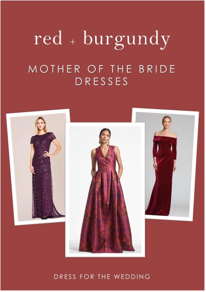 Graphic with type and 3 pictures of models wearing red dresses for an article about red mother of the bride dresses.