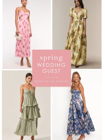 Collage of 4 dresses shown on models depicting wedding attire for spring weddings
